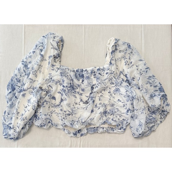 Calypso St. Barth Tops - Calypso‎ St. Barth Floral Top Blue White Floral, Puffy Sleeves Women's XL